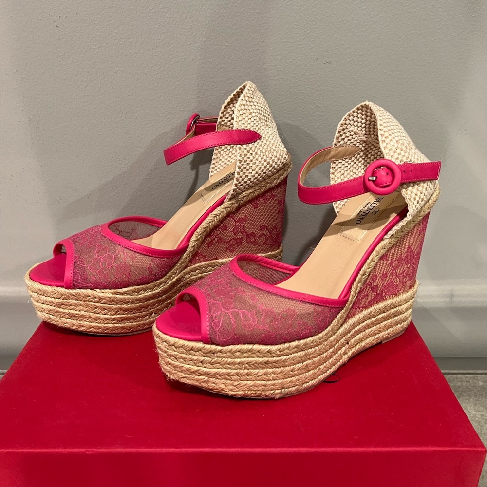 Valentino Hot Pink Lace And Mesh Espadrille Platform Wedge Sandals Size 37.5 - Picture 7 of 7